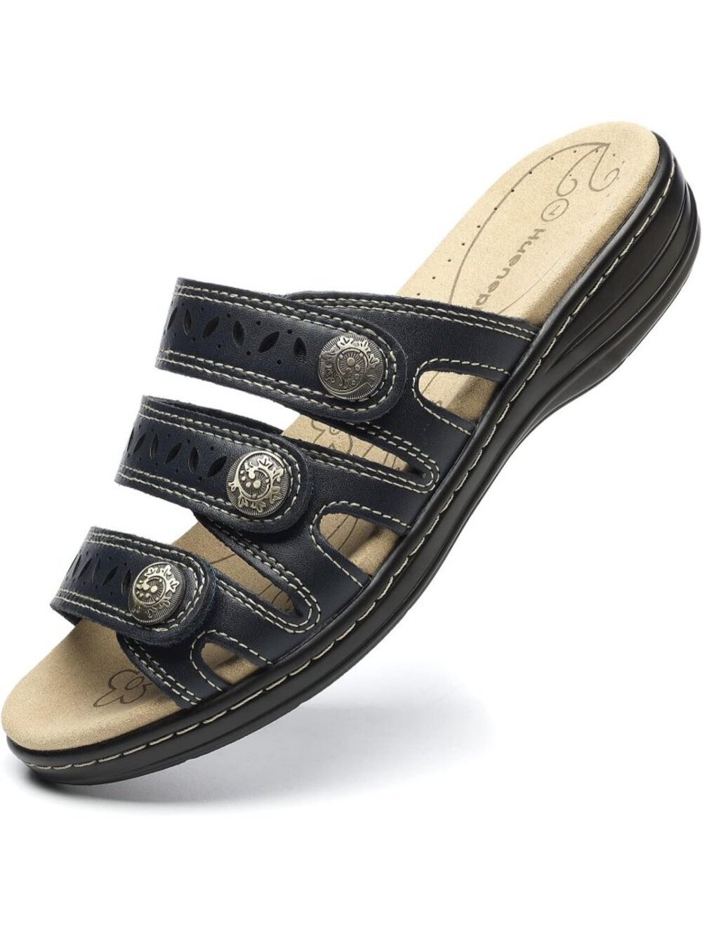 Women's Comfort Leather Slides Flat Sandals Navy Slip On Casual Walking Slippers